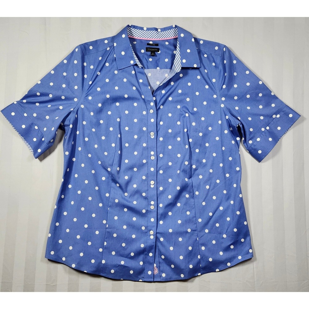 Talbots Plus 16 Womens Blue Polka Dot Non-Iron Short Sleeve Button Down Shirt